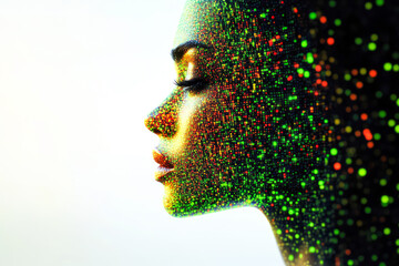 Poster - A vibrant digital portrait where a human face merges with colorful and abstract dots, symbolizing modern digital art.