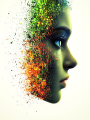 Poster - An artistic side profile of a face dissolving into colorful pixels, showcasing imagination and the fusion of man and digital.