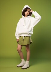 Canvas Print - Kid wearing white hoodie with zip and denim box pleat skort sweatshirt hairstyle outerwear.