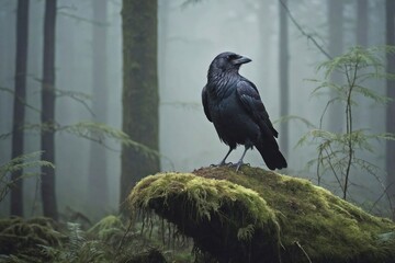 Crow in a Misty Forest Clearing at Dawn