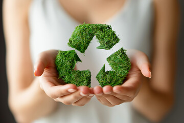 Recycling Logo In Two Hands, Giving A Signal For Recycling Of Various Items Like, Clothes, People, Green, Throwing Plastic In Recycle Bin, Environment, Safe The Earth