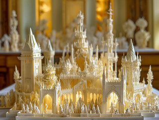 A large model of a castle made of white material. The castle is very detailed and has many towers