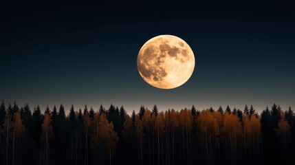 Sticker - A large, bright full moon rises over a dense forest with tall trees and a dark sky background, with an evening or night setting creating a serene, natural scene.