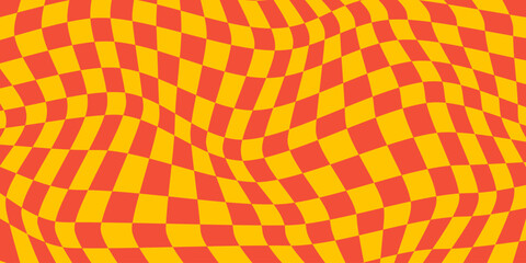 Fototapete - Twisted checkered colorful background. Abstract vector pattern. Red and yellow colors. Retro wavy psychedelic checkerboard