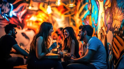 Wall Mural - Friends enjoying drinks and laughter in a vibrant, graffiti-decorated setting.