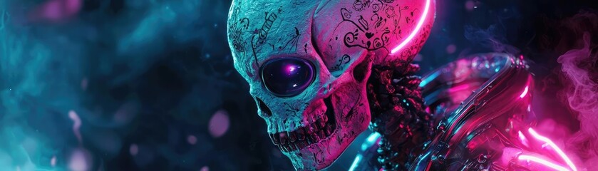 Poster - A vibrant, neon-lit skull surrounded by colorful cosmic elements, perfect for sci-fi themes and digital art.