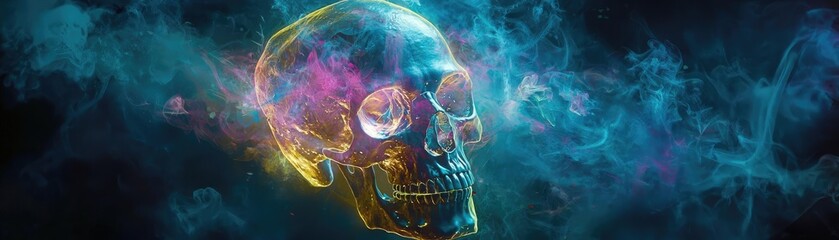 Aufkleber - A vibrant, colorful skull is illuminated by swirling smoke, creating a mystical and intriguing visual effect.