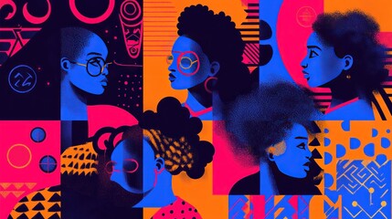 Sticker - A vibrant illustration featuring diverse women in profile against colorful geometric backgrounds.