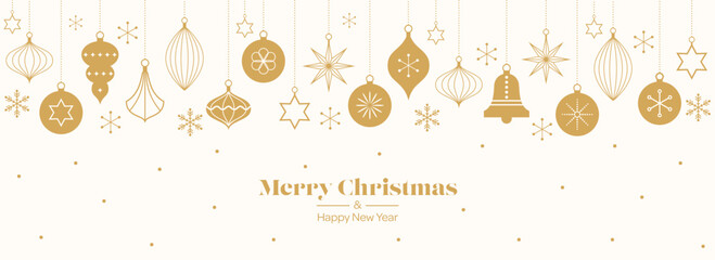 Merry Christmas template background with gold geometric minimalist elements and icons. Abstract trendy banner with vintage tree decorations in simple flat design. Vector illustration.