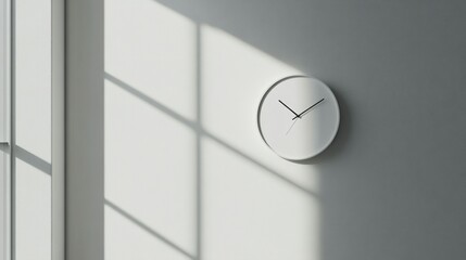 Poster - White Clock on a White Wall with Window Light and Shadows