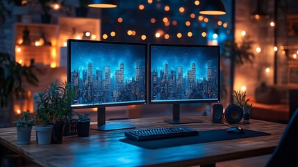 A modern home office with a wooden desk, two monitors displaying a cityscape, a keyboard, and a mouse. The room has plants, a brick wall, and warm lighting.