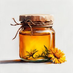 Sticker - Jar of Honey with a Sunflower in a Still Life Painting Style.