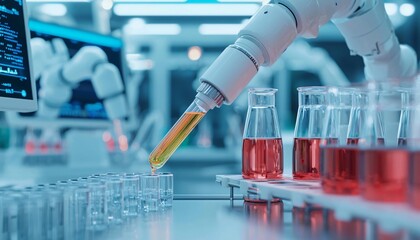Poster - Robotic arm dispenses liquid into laboratory flasks, showcasing advanced automation in modern scientific research and technology.