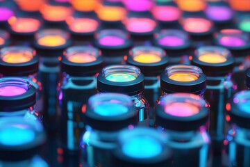 Poster - Vibrant display of colorful vials illuminated with neon light, showcasing lively hues and reflections in a captivating arrangement.