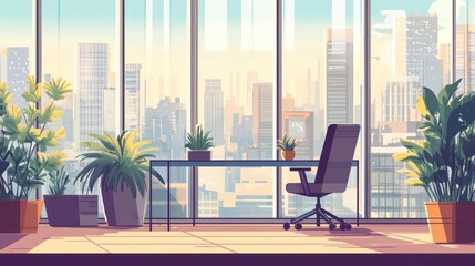 Sticker - A modern office with a view of a city skyline and potted plants.