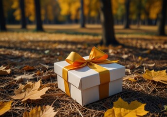 Wall Mural - gift box with a bow on a background of autumn, trees, yellow foliage