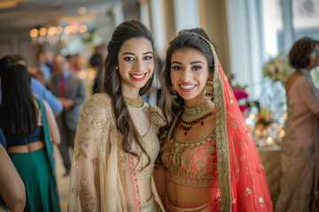 candid photo of two beautiful indian women, wearing fashionable and smiling at the camera, posing fo