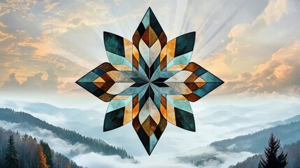 Sticker - A stylized geometric pattern overlays a serene mountain landscape at sunrise.