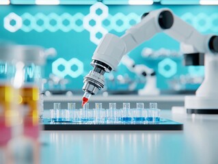 Poster - A robotic arm dispensing liquids into test tubes in a modern lab setting, showcasing advanced technology in scientific research.