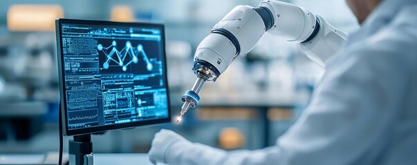 Poster - A robotic arm interacts with data on a computer monitor, showcasing advanced technology in a modern lab environment.