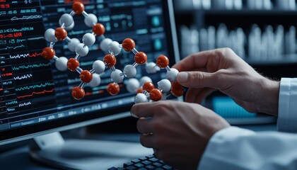Poster - A scientist analyzing molecular structures on a computer, showcasing the intersection of technology and biology in research.