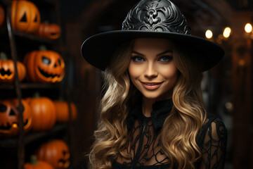 Generative AI picture of beautiful girl wearing creepy witch costume hat celebrating happy halloween day