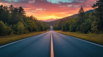 Poster - A long road with a sunset in the background