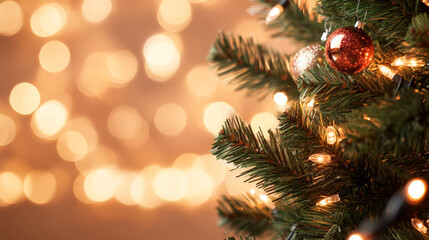 close up of beautifully decorated Christmas tree adorned with colorful ornaments and warm lights, creating festive and joyful atmosphere