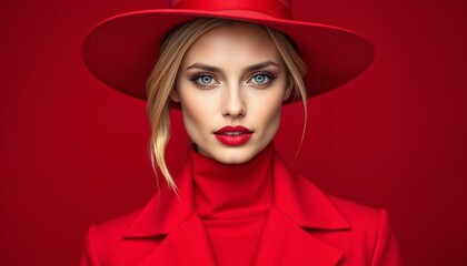 A stylish woman in a red hat and coat exudes confidence and sophistication. The bold red makeup and attire create a striking and fashionable look.
