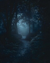 Canvas Print - Mysterious Illuminated Path Through the Shadowy Dark Forest Mystical Landscape Background with Copy Space