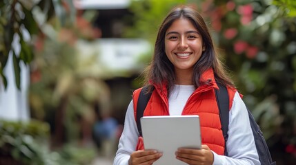 Woman, portrait and outdoor happiness at university, books for education or learning on campus. Female student, smile and notes for knowledge at college, academy scholarship for school