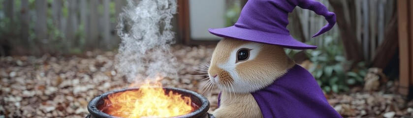 A whimsical rabbit in a purple witch hat, brewing a potion over a bubbling cauldron, perfect for Halloween themes and fantasy.