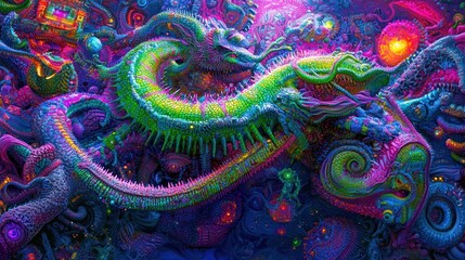 Wall Mural - A vibrant, psychedelic dragon entwined in a surreal, colorful environment.