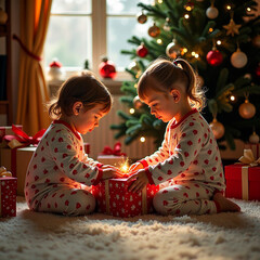 Happy Children in Pajamas Opening Presents in Front of Christmas Tree