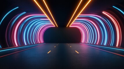 Wall Mural - Futuristic tunnel interior with vibrant neon lights in blue, pink, and orange hues, featuring a dark road with illuminated lines creating an immersive sci-fi atmosphere.