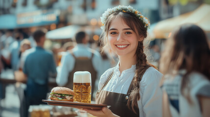 A smiling young woman in traditional Bavarian attire serves a large beer and pretzels at a lively Oktoberfest celebration.	