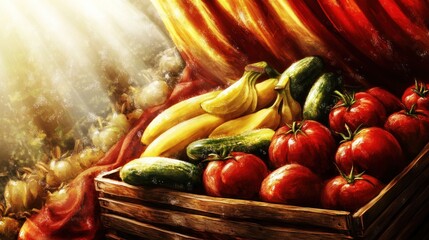 Poster - A vibrant display of fresh fruits and vegetables in a rustic wooden crate.