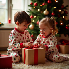 Happy Children in Pajamas Opening Presents in Front of Christmas Tree