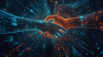 Business, handshake and people for deal with network link for hologram agreement, partnership and growth of company. Futuristic, digital and virtual meeting with negotiation, trust and project goal