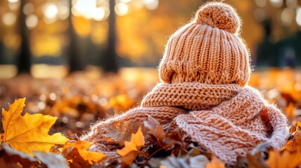 Canvas Print - A knitted hat and scarf on a bed of autumn leaves.