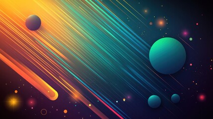 Wall Mural - a vibrant abstract design featuring colorful streaks and planetary shapes against a dark background.