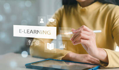 Women use online education training and e-learning webinars on the Internet for personal development and professional qualifications. Concept of online education.