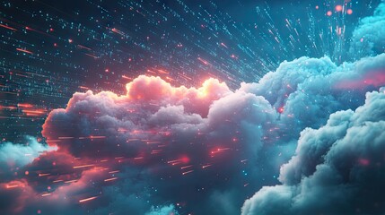 Fototapete - Digital data streams migrate into a cloud, illustrating advanced file management and cloud storage solutions