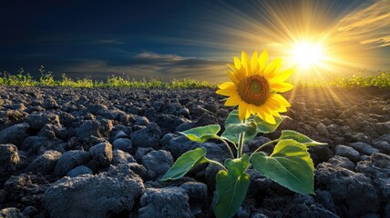 Wall Mural - Sunflower blooming in rocky soil under radiant sun at dawn