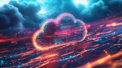 Poster - Glowing data streams flow into a digital cloud, representing seamless data migration and cloud computing for efficient file