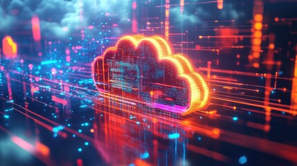 Poster - Glowing data streams flow into a digital cloud, representing seamless data migration and cloud computing for efficient file