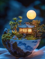 A bright Mid-Autumn moon illuminates a Jingdezhen teacup, containing a miniature landscape of moss, succulents, volcanic stones, and a small wooden house glowing in the night