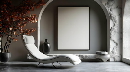 Wall Mural - Modern lounge area with minimalist design and decorative elements.