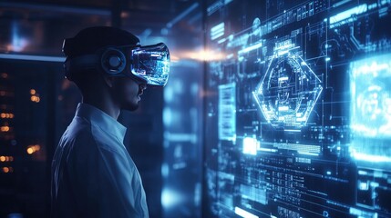 Fototapete - Rebuilding lost data blocks on a futuristic holographic platform, engineers troubleshoot technical issues in a sleek virtual environment.