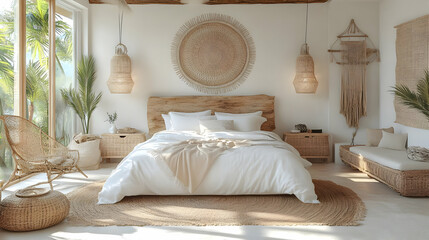 Poster - Cozy, modern bedroom with natural materials and calming decor.